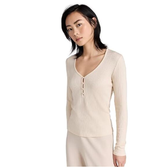 NWOT Vince V-Neck Henley in Birch Cream Light Tan Ribbed Medium - Picture 1 of 8